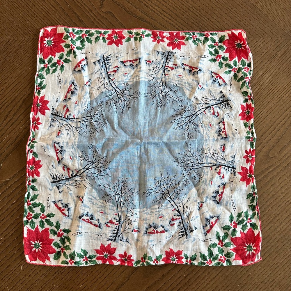 Vintage Christmas Handkerchief Winter Scene Poinsettia Border Red White Blue 14"